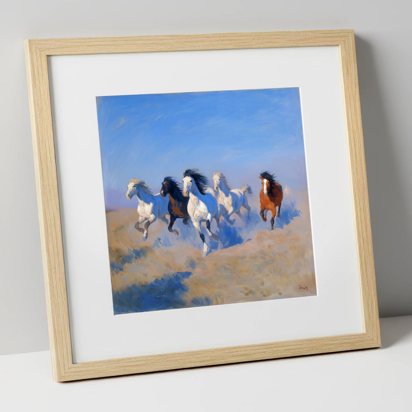 The Cerulean Gallop wild horses art print in natural frame