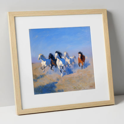 The Cerulean Gallop wild horses art print in natural frame