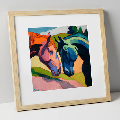 Vibrant Equine Connection horse portrait art print in natural frame