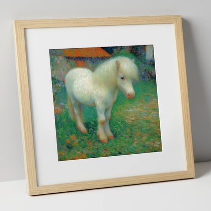Sunlit White Pony horse breed art print in natural frame