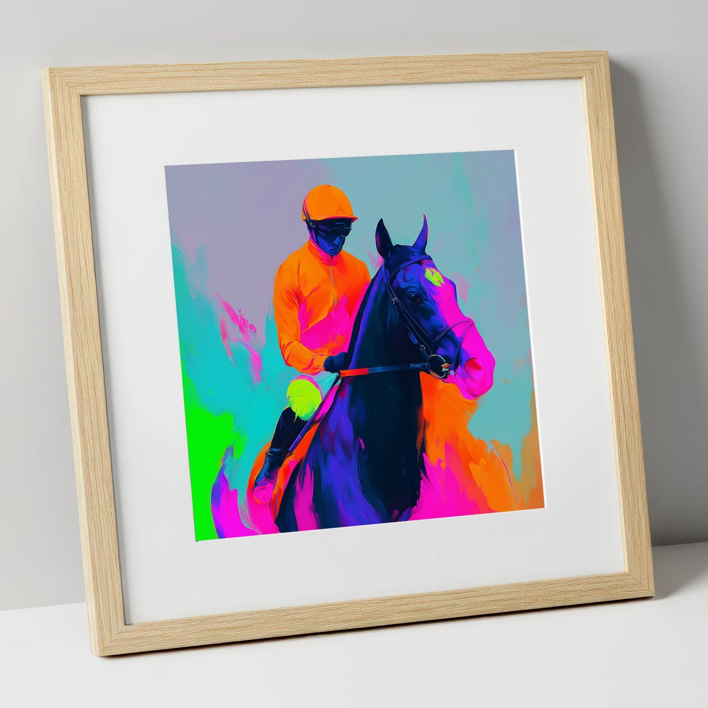 Technicolour Sprint racing horse art print in natural frame