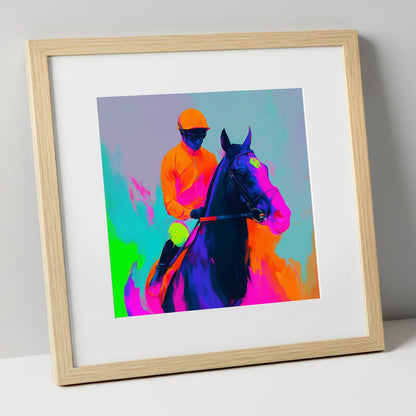 Technicolour Sprint racing horse art print in natural frame