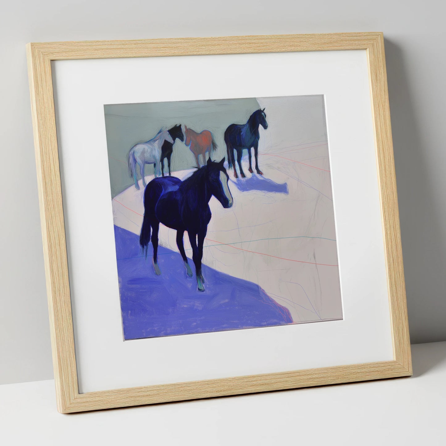 Abstract Herd in Blue wild horses art print in natural frame