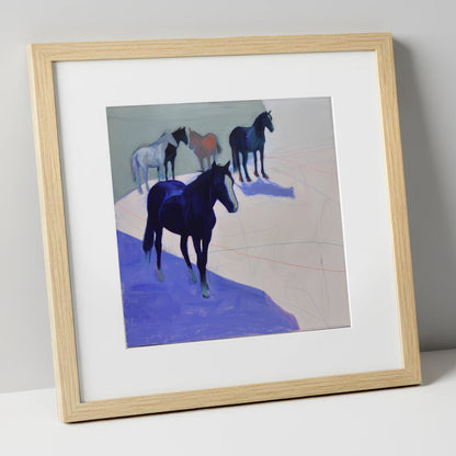 Abstract Herd in Blue wild horses art print in natural frame