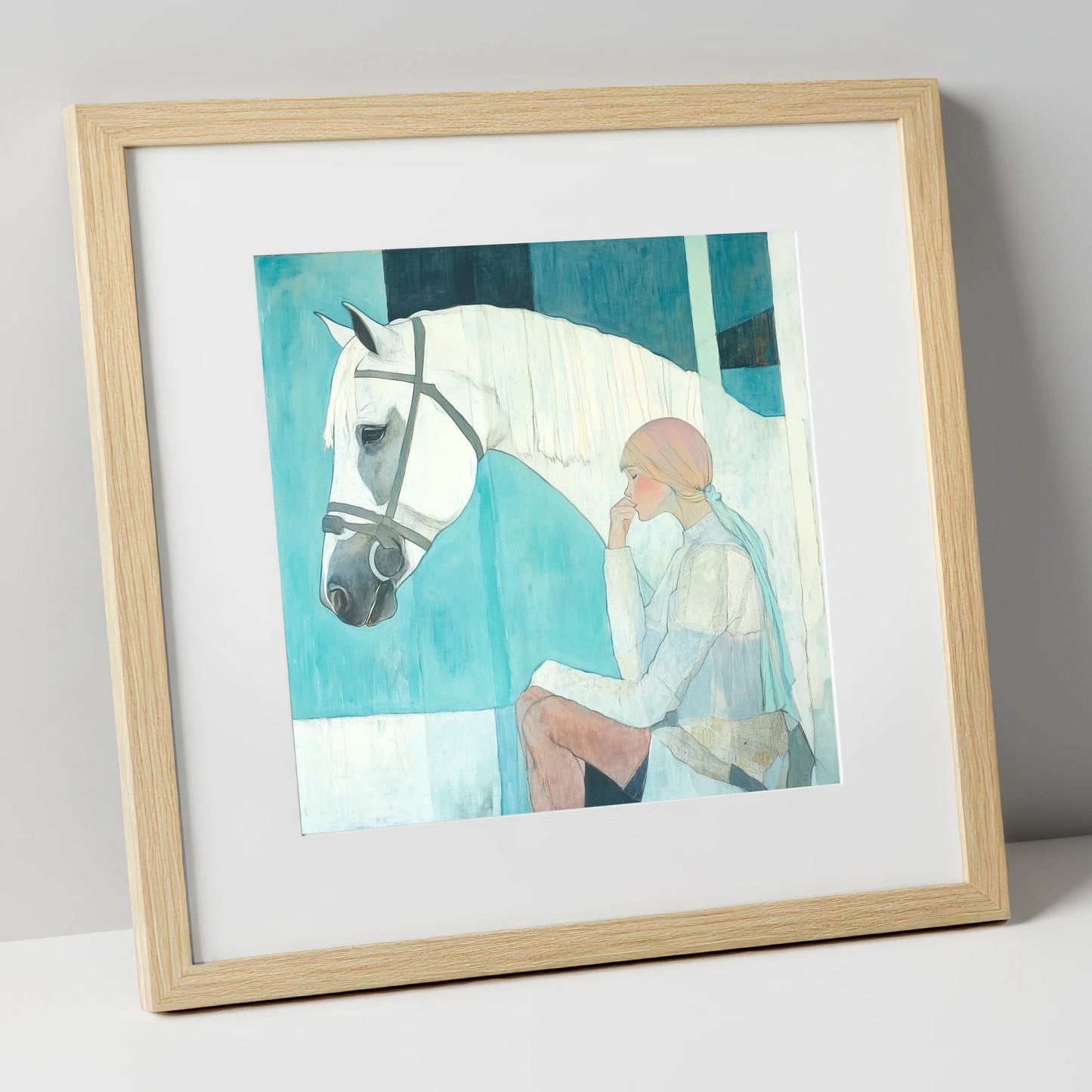 Quiet Contemplation horse & rider art print in natural frame