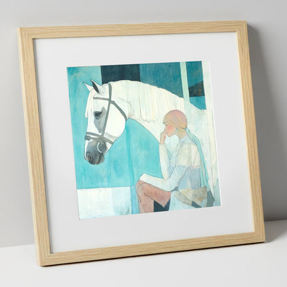 Quiet Contemplation horse & rider art print in natural frame