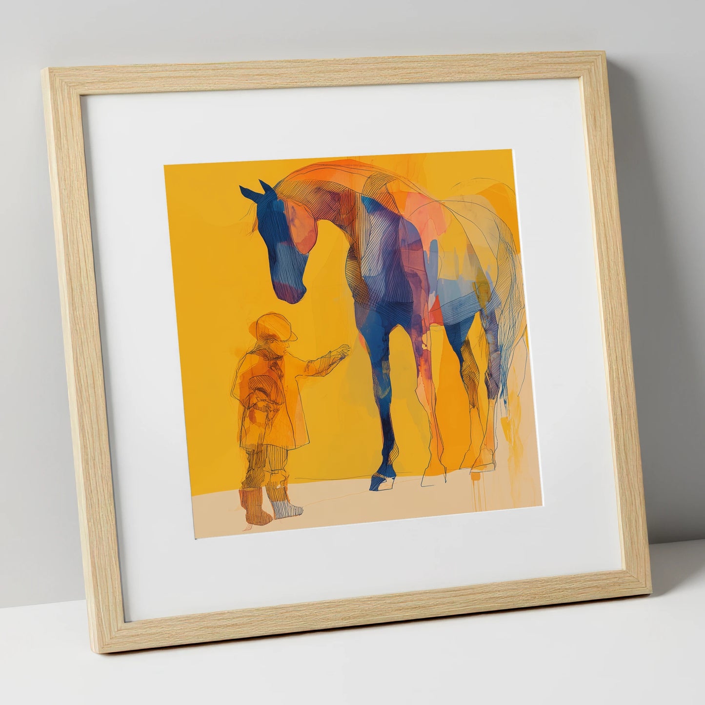 First Encounter in Gold horse & rider art print in natural frame