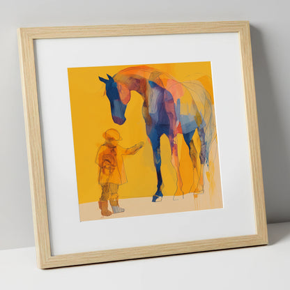 First Encounter in Gold horse & rider art print in natural frame