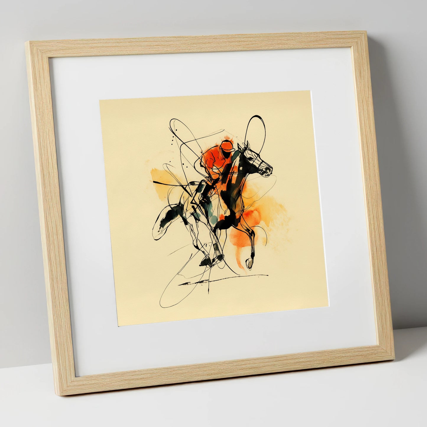 Velocity in Amber racing horse art print in natural frame