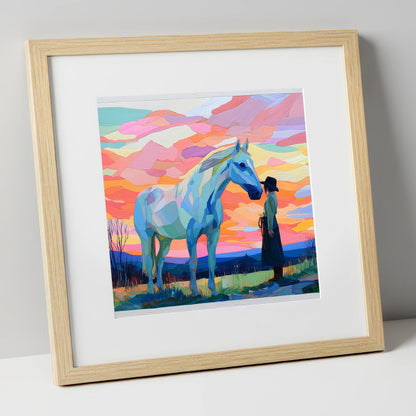 Vibrant Horizon Partnership horse & rider art print in natural frame