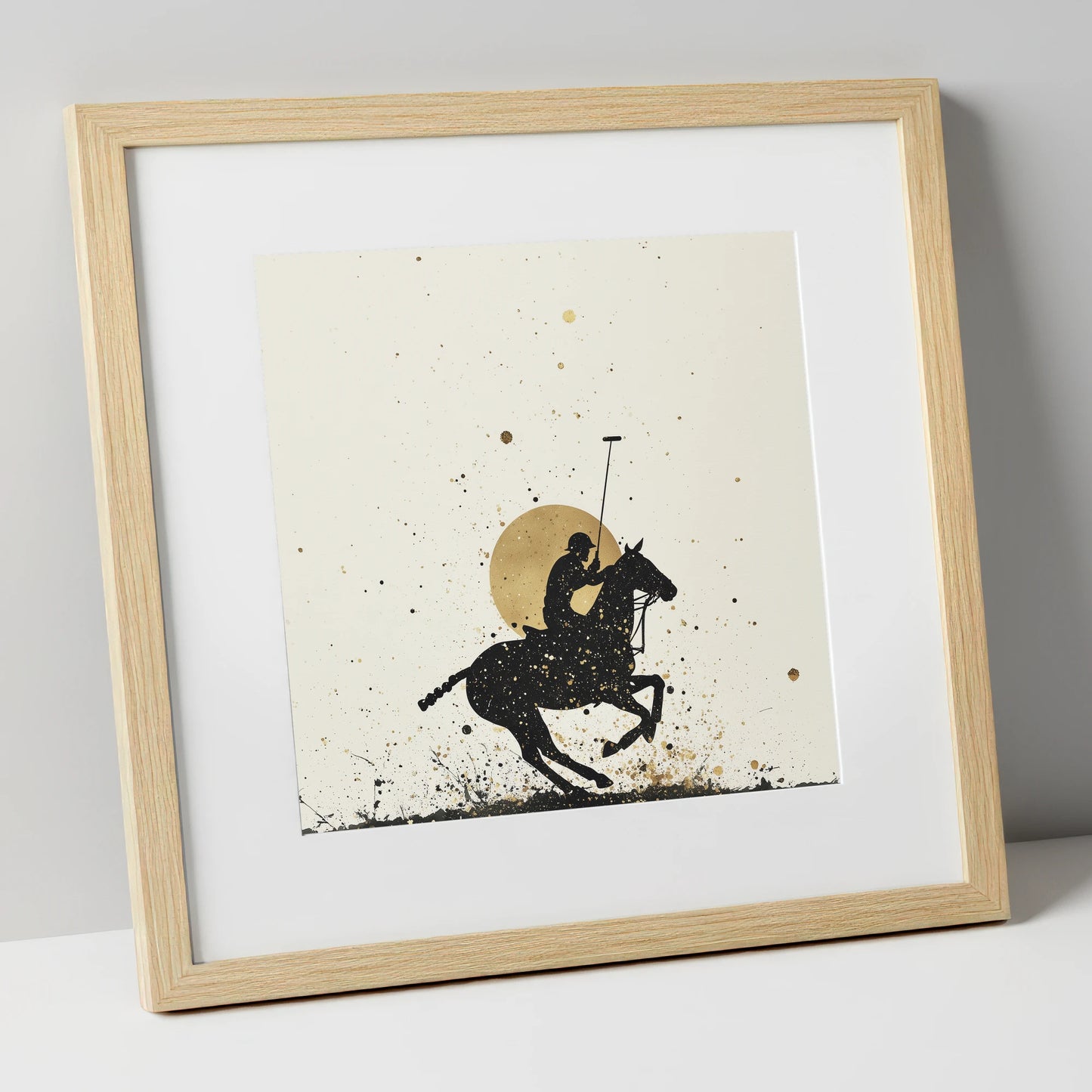 Golden Chukka Eclipse polo horse art print in natural frame