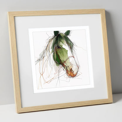 Verdant Equine Gaze horse breed art print in natural frame