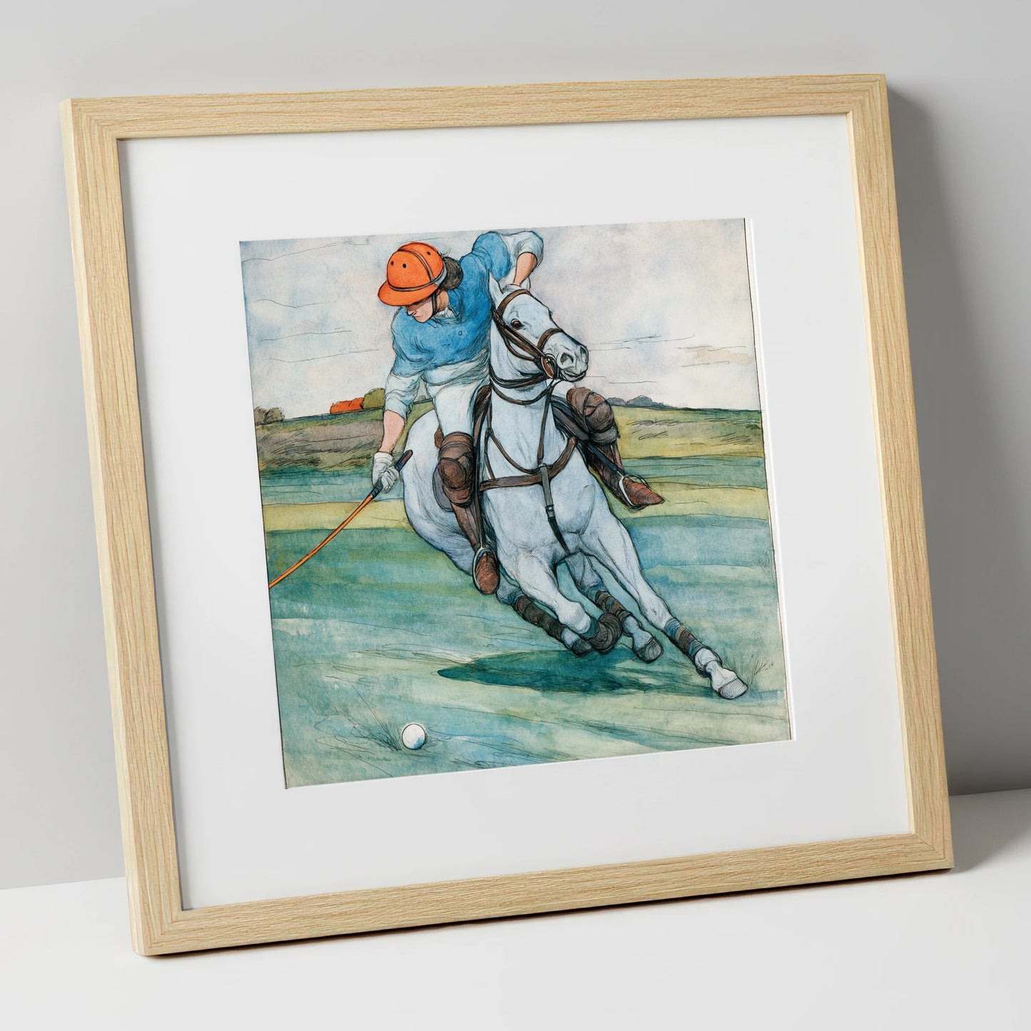 The Nearside Strike polo horse art print in natural frame