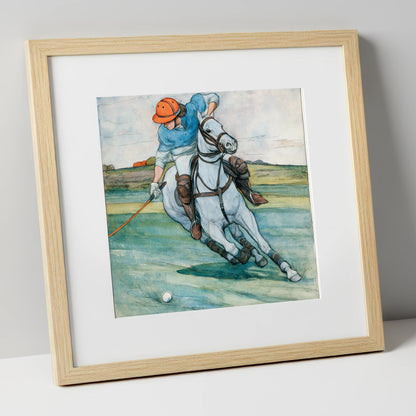 The Nearside Strike polo horse art print in natural frame