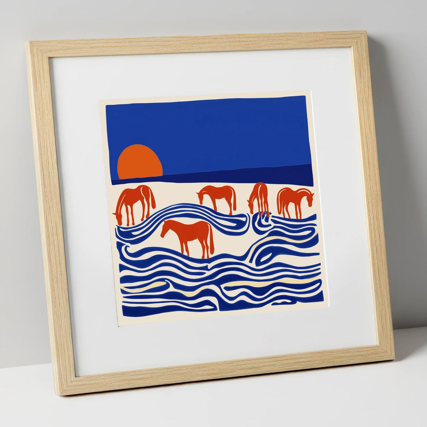 Cobalt Sunset Herd wild horses art print in natural frame