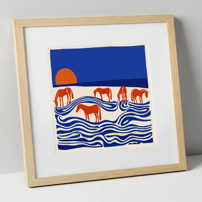 Cobalt Sunset Herd wild horses art print in natural frame