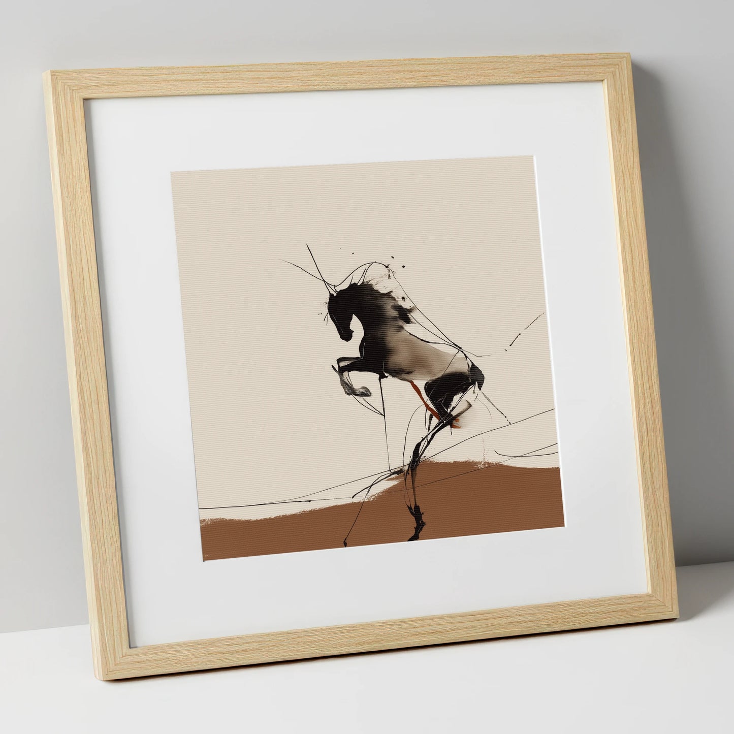 Dynamic Rearing Form wild horses art print in natural frame