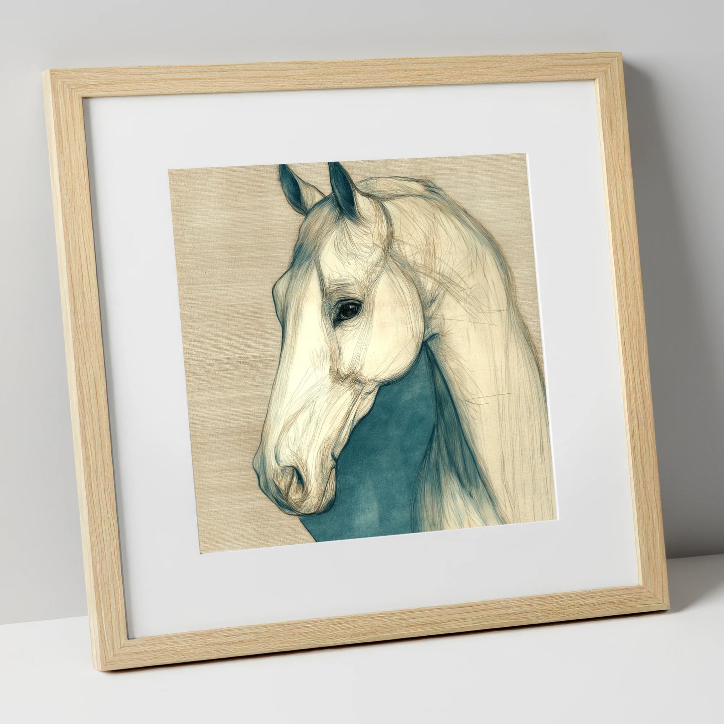 Serene Profile Sketch horse portrait art print in natural frame