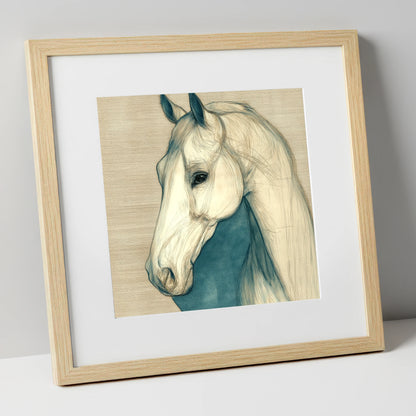 Serene Profile Sketch horse portrait art print in natural frame