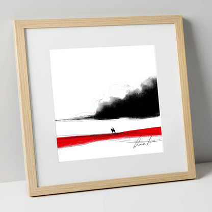 Crimson Horizon Silhouette western horse art print in natural frame