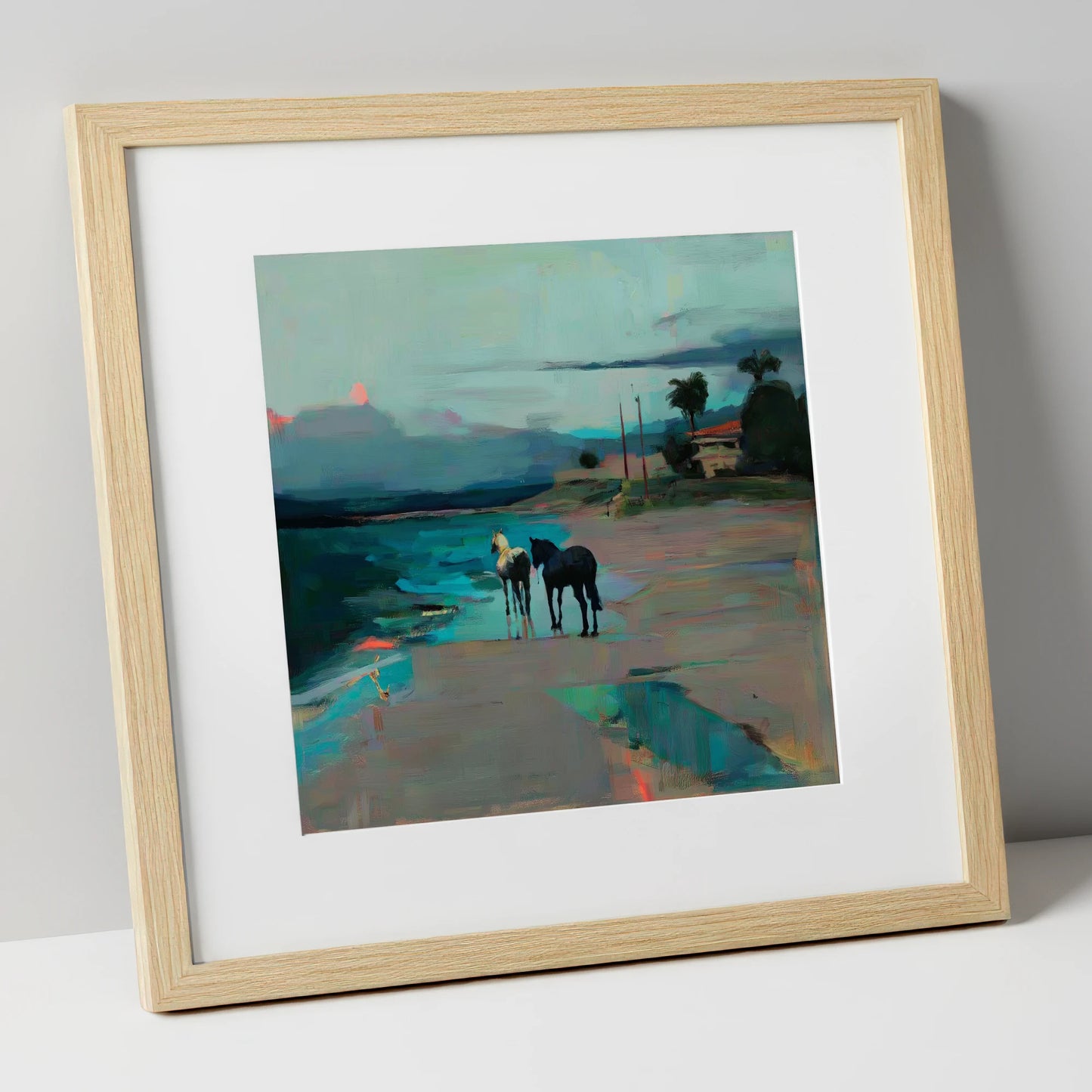 Dusk on the Shoreline horse landscape art print in natural frame