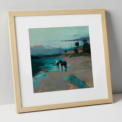 Dusk on the Shoreline horse landscape art print in natural frame