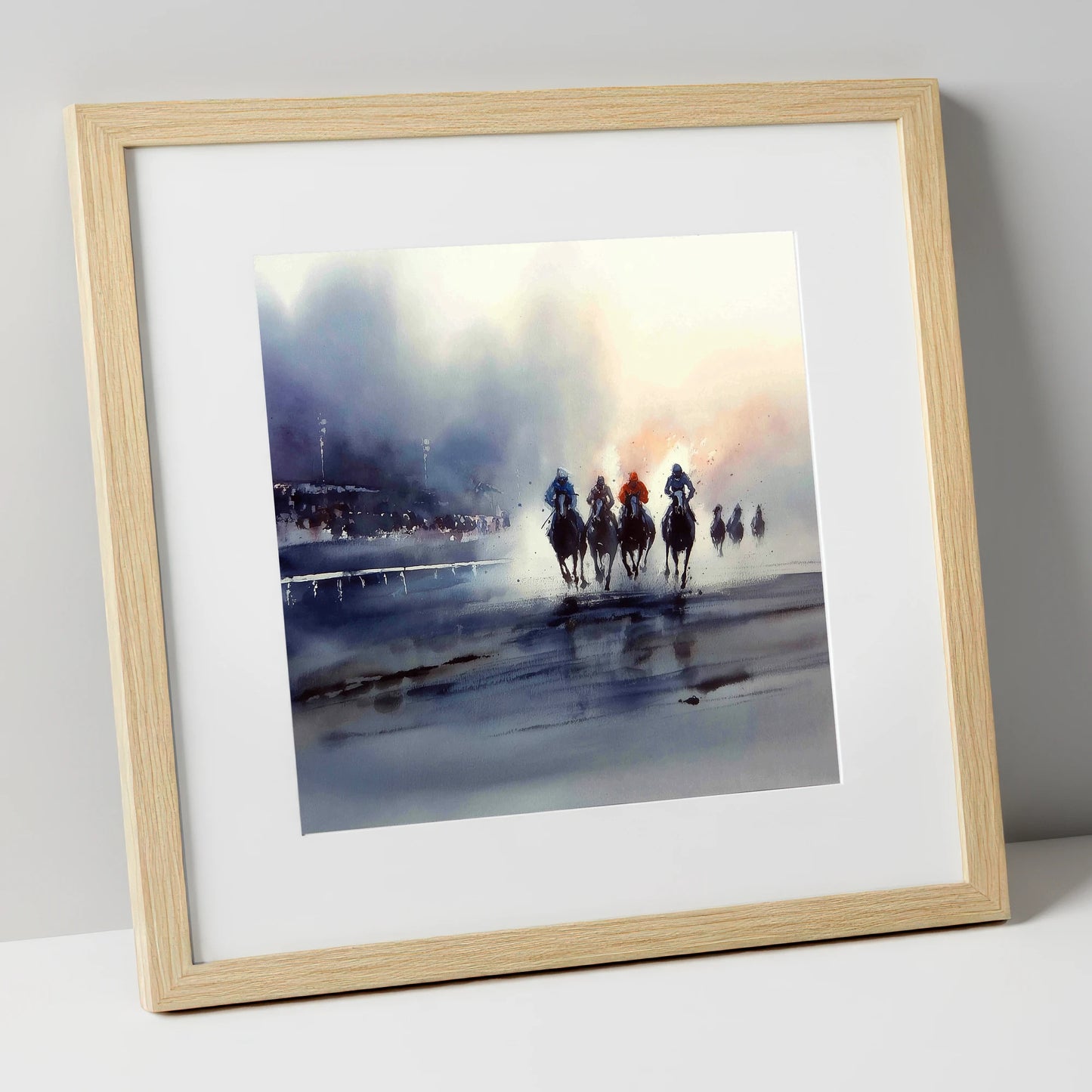 Out of the Mist racing horse art print in natural frame