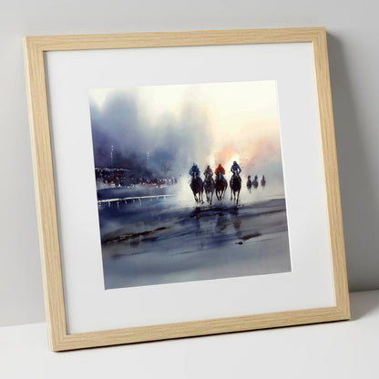 Out of the Mist racing horse art print in natural frame