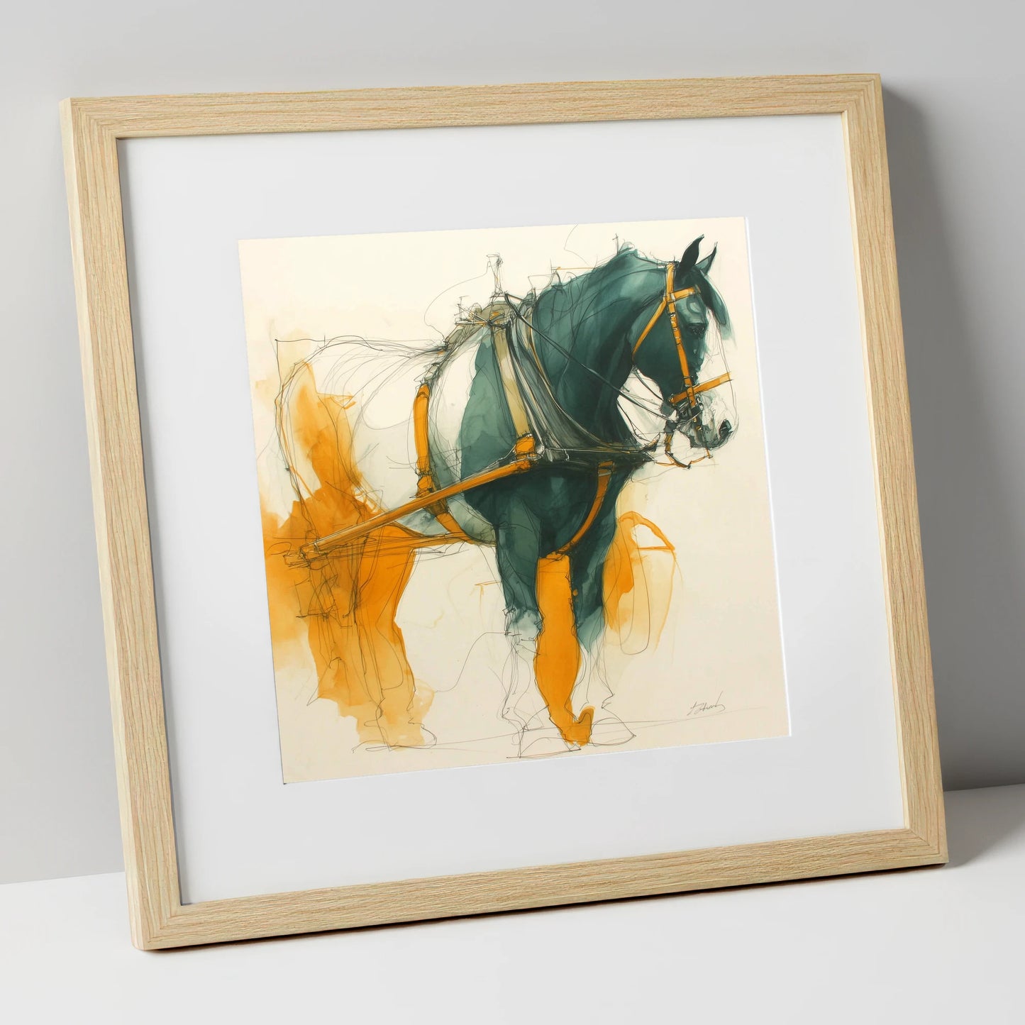 Teal and Amber Draft working horse art print in natural frame