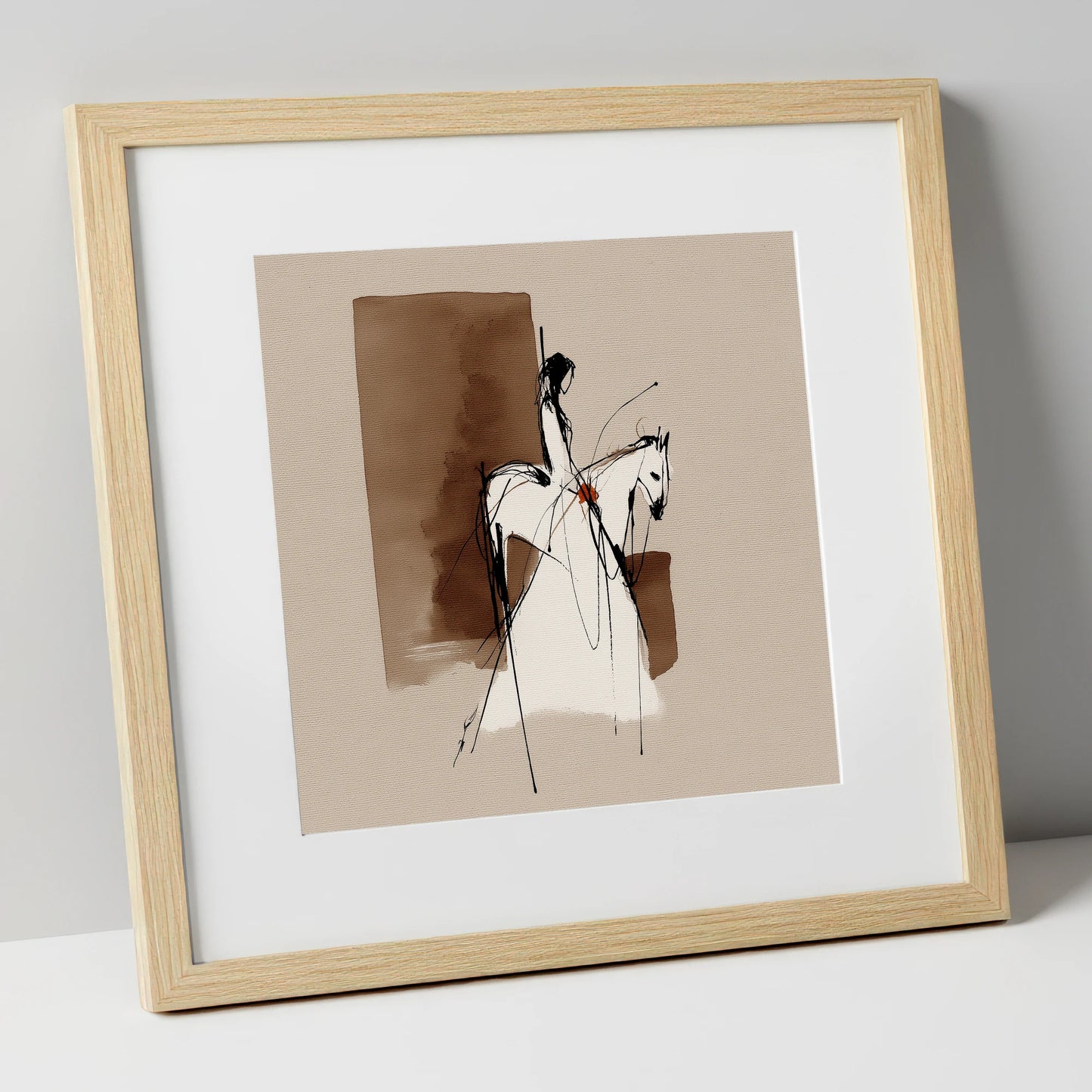 Sepia Rider Silhouette horse & rider art print in natural frame