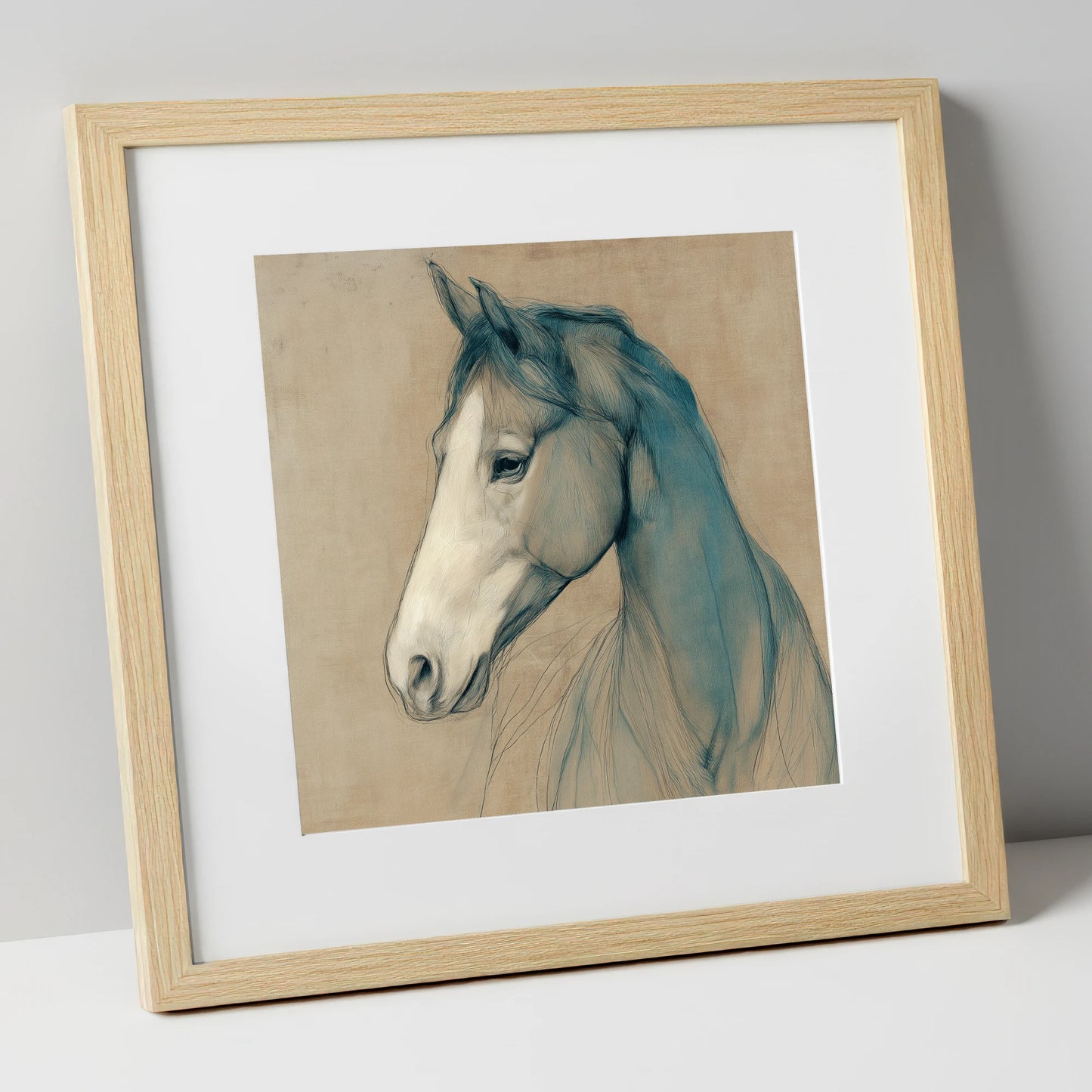 Teal Equine Study horse portrait art print in natural frame