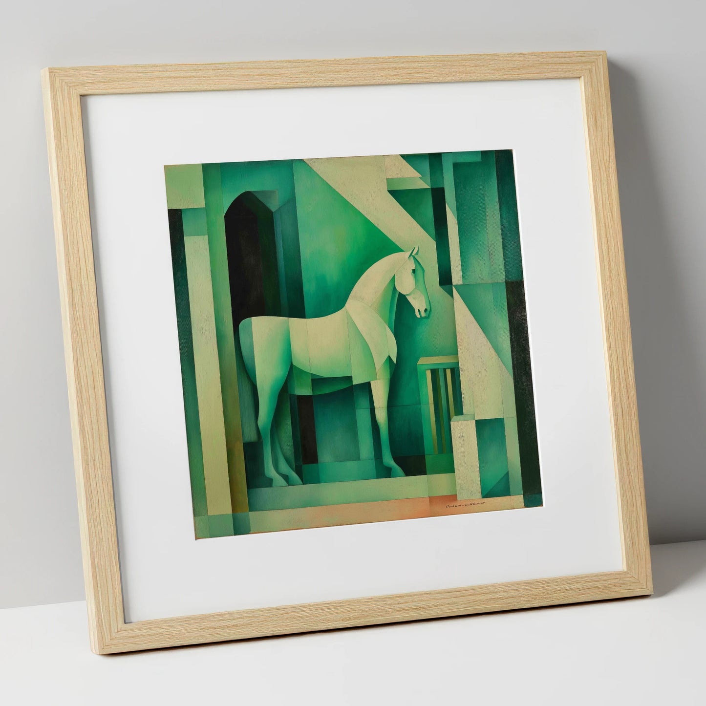 Emerald Stall Geometry horse stable art print in natural frame