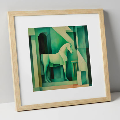 Emerald Stall Geometry horse stable art print in natural frame