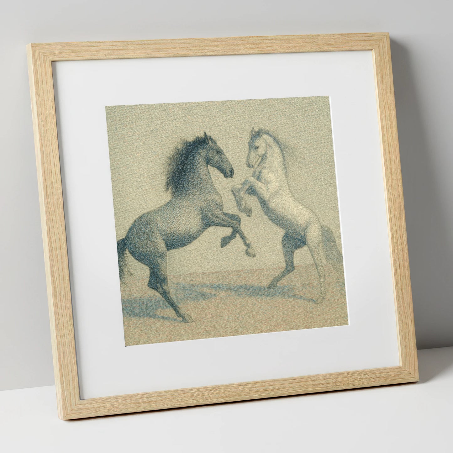 Timeless Equine Encounter wild horses art print in natural frame