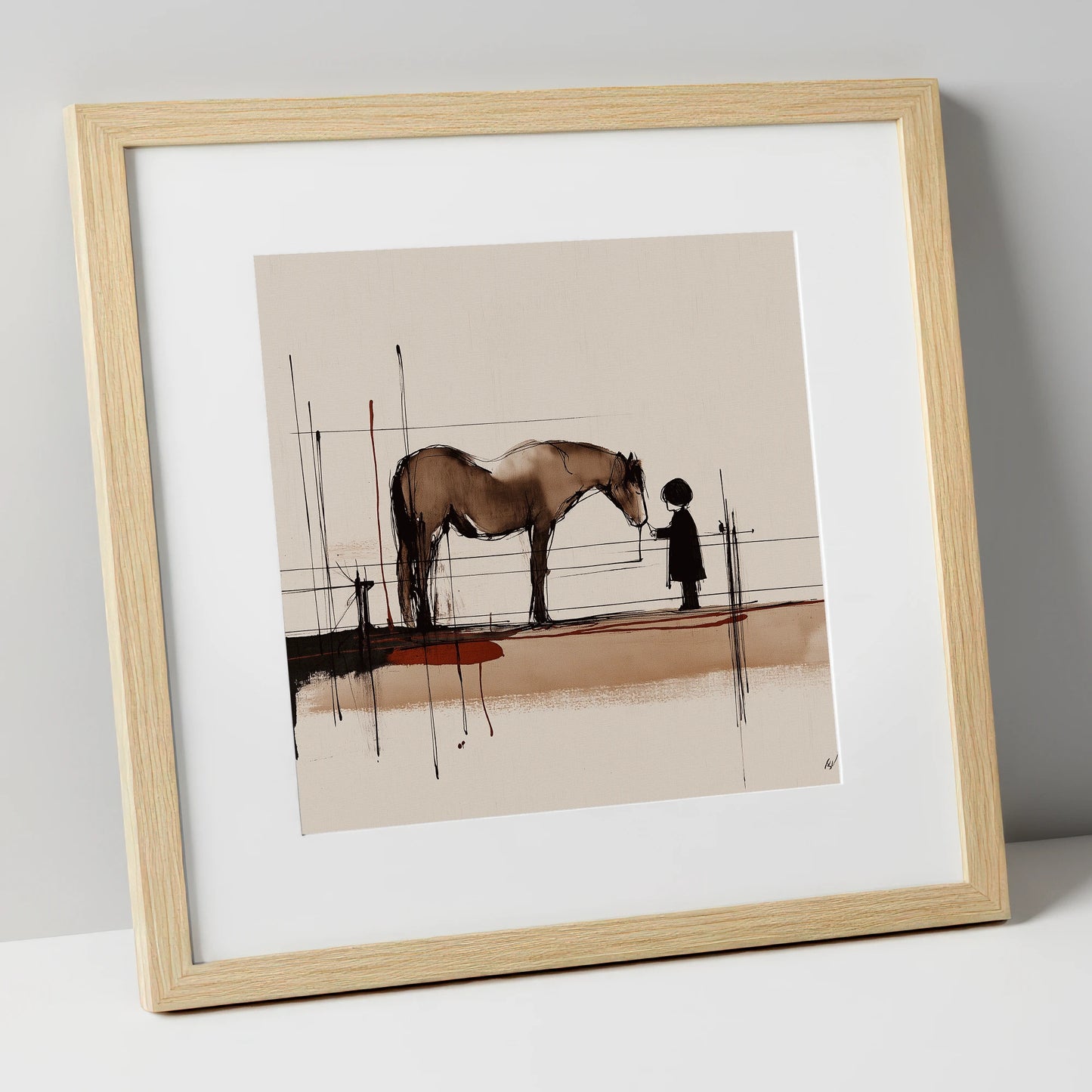 A Quiet Understanding horse & rider art print in natural frame