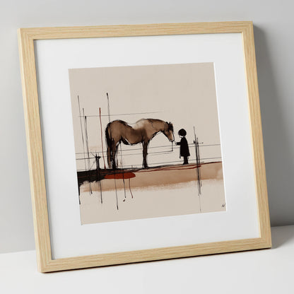 A Quiet Understanding horse & rider art print in natural frame