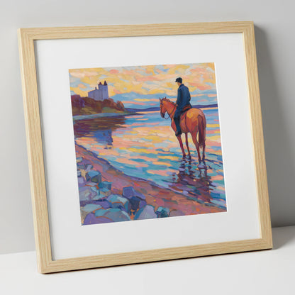 Rider at Castle Bay beach horse art print in natural frame