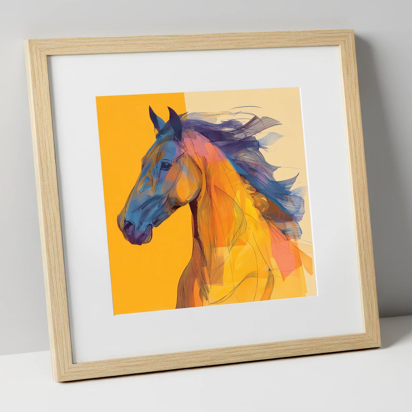 Vibrant Cobalt Equine horse breed art print in natural frame
