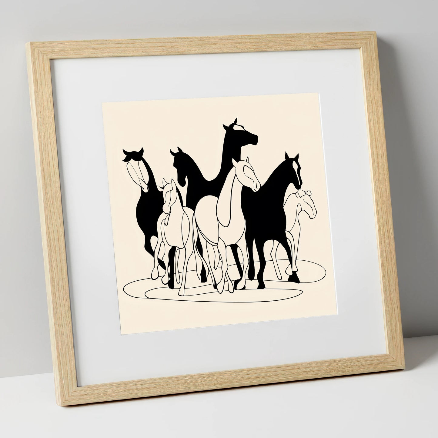 Monochrome Herd Silhouettes wild horses art print in natural frame