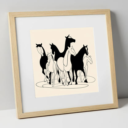 Monochrome Herd Silhouettes wild horses art print in natural frame