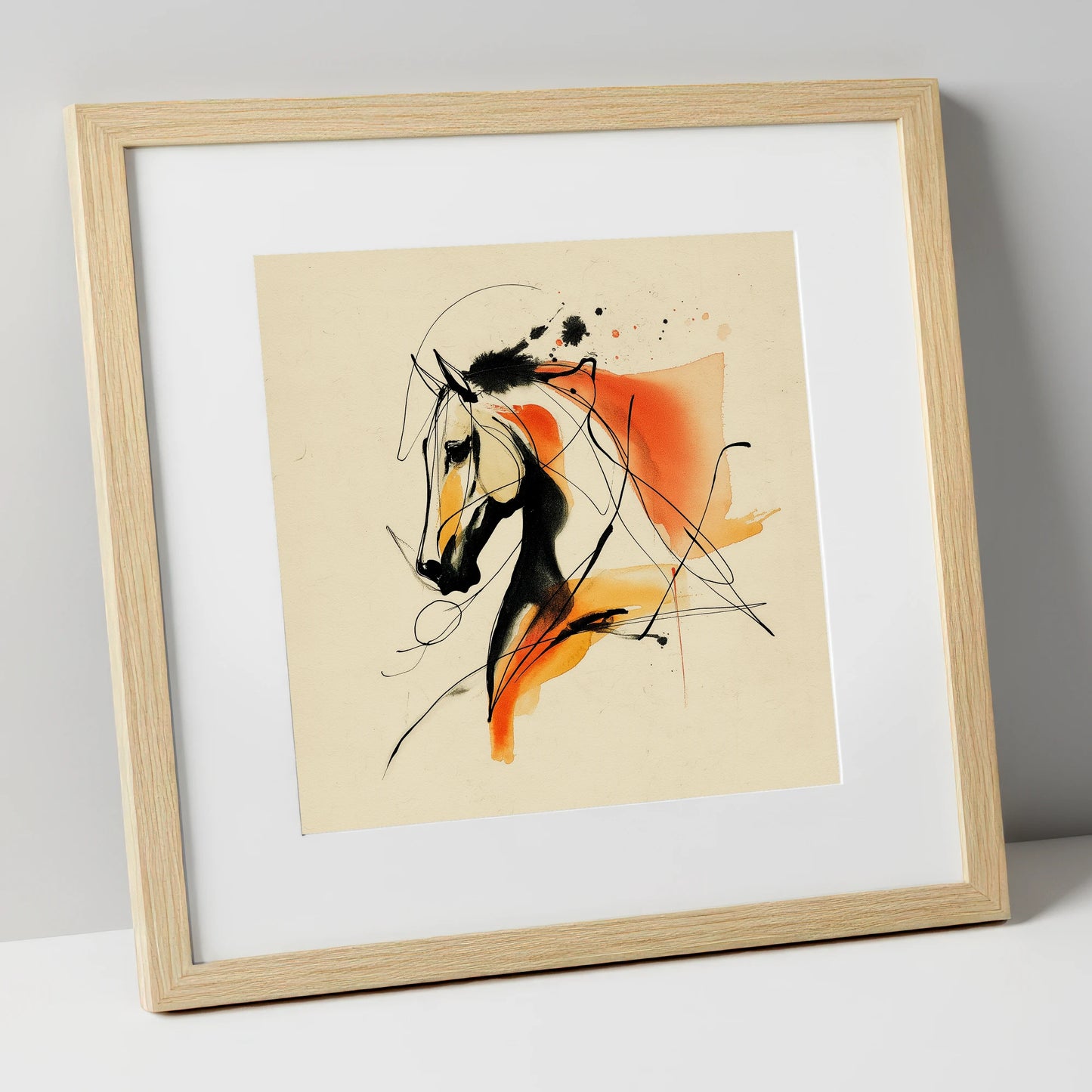 Dynamic Amber Silhouette horse breed art print in natural frame