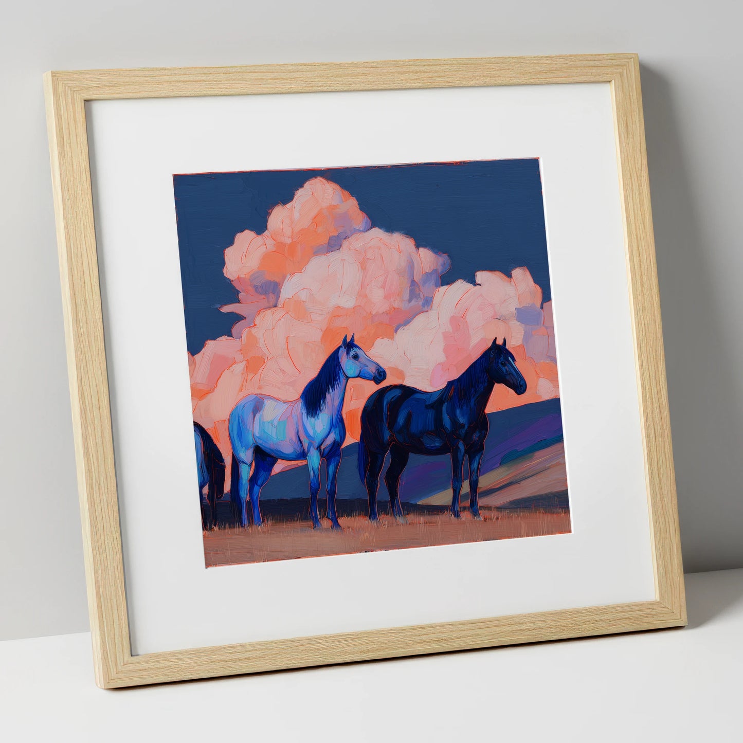 Indigo Horses Beneath Pastel Skies horse landscape art print in natural frame