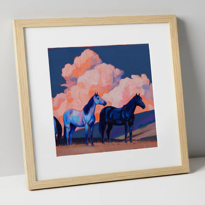 Indigo Horses Beneath Pastel Skies horse landscape art print in natural frame