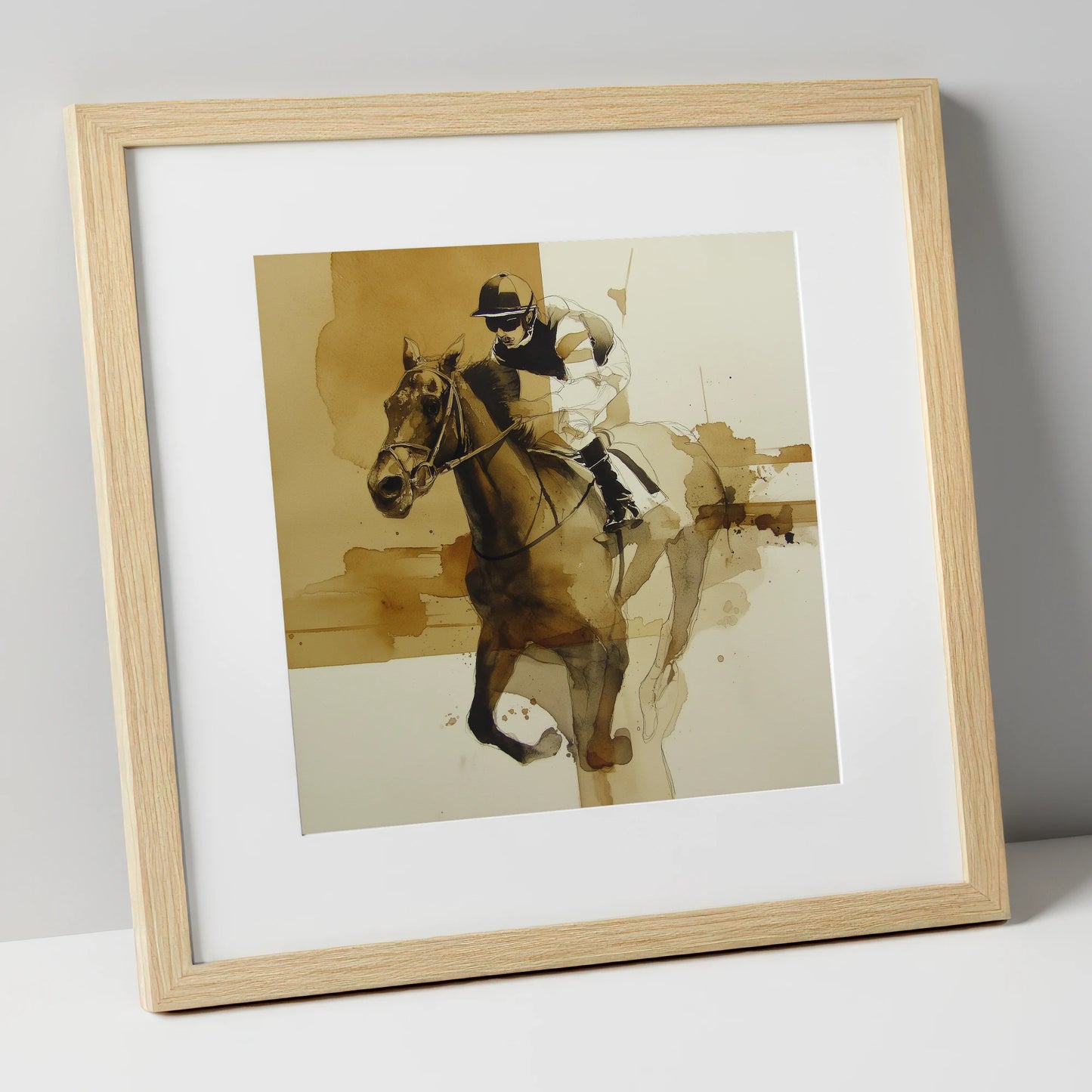 Sepia Sprint racing horse art print in natural frame