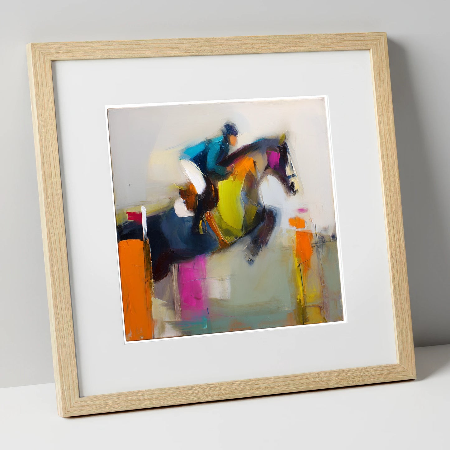 Dynamic Clear Round show jumping horse art print in natural frame