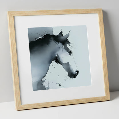 Ethereal Monochrome Profile horse portrait art print in natural frame