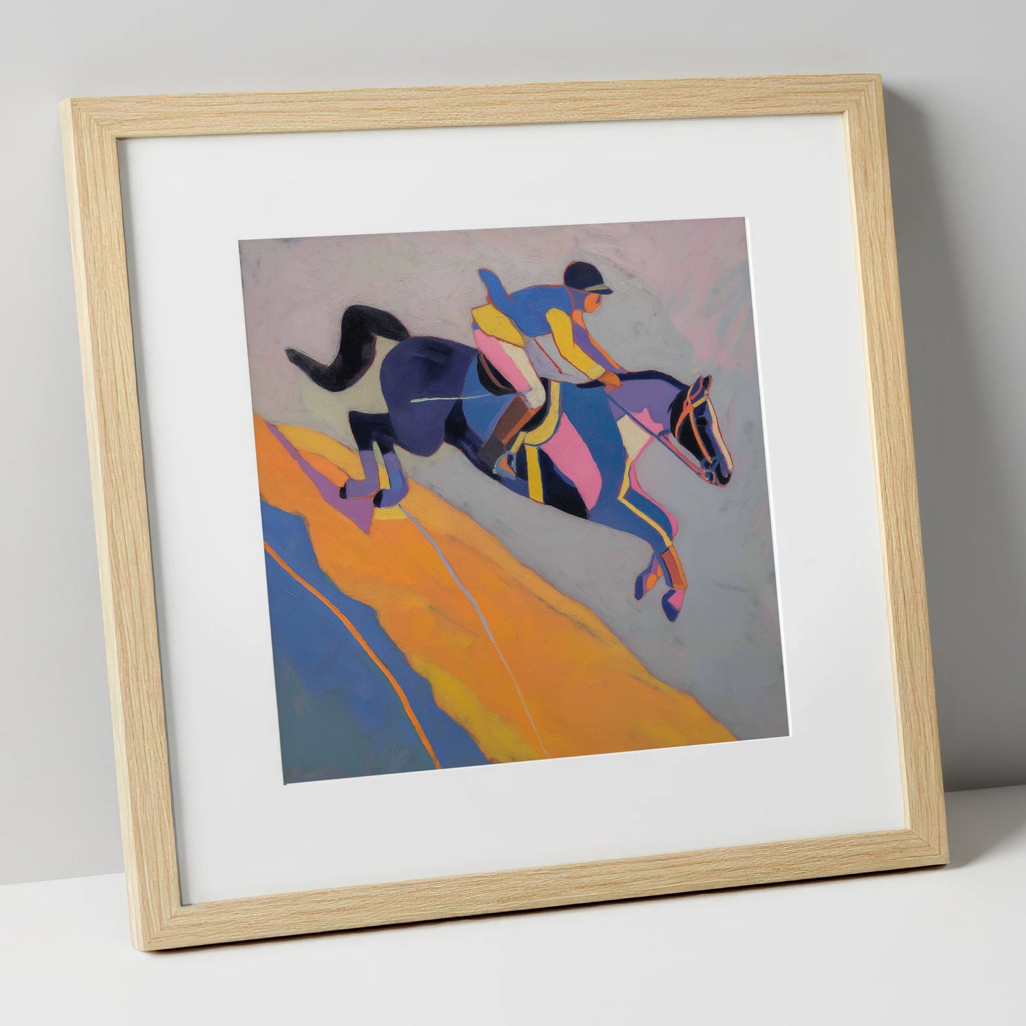 Vibrant Mid-Air Leap show jumping horse art print in natural frame