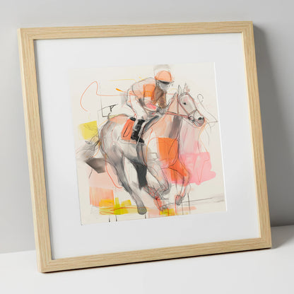 Sprint to the Wire racing horse art print in natural frame