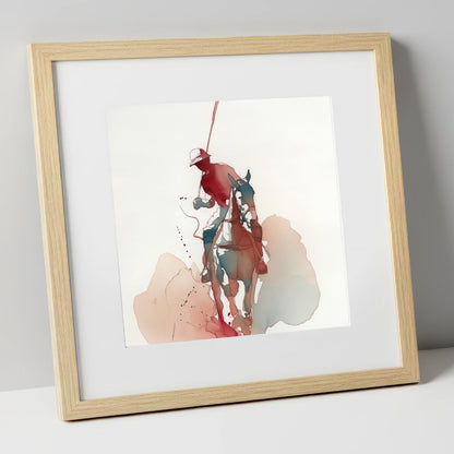 The Crimson Strike polo horse art print in natural frame