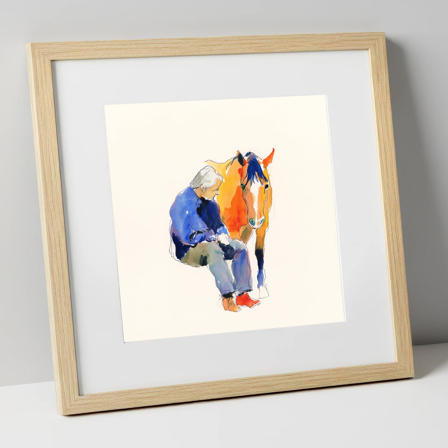 Shared Silence horse & rider art print in natural frame